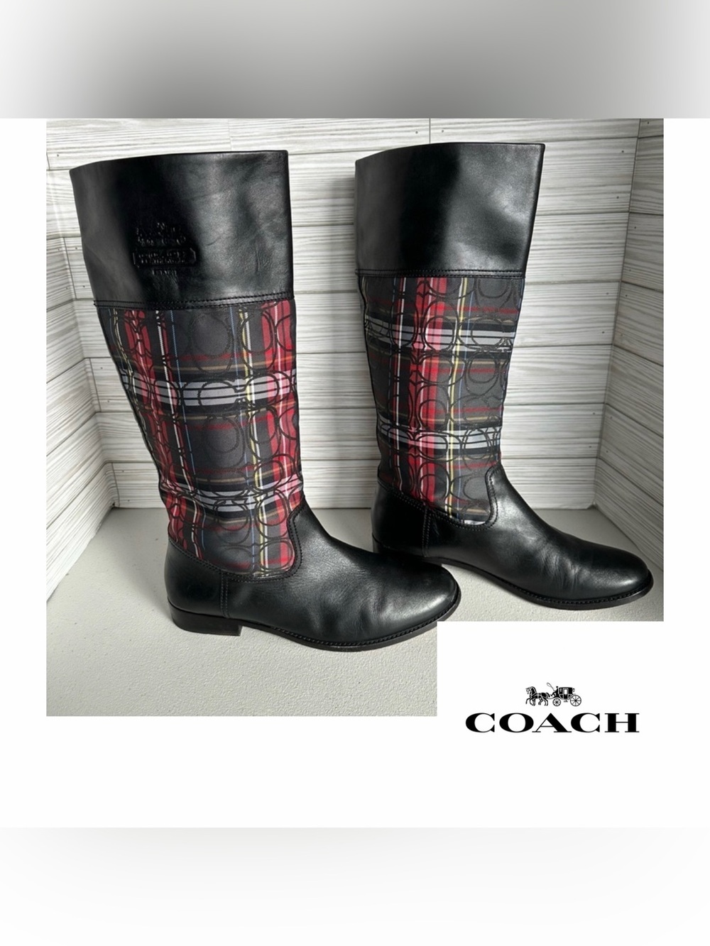 COACH CHRISSI  SIGNATURE leather BLACK MULTI TARTAN TALL BOOTS